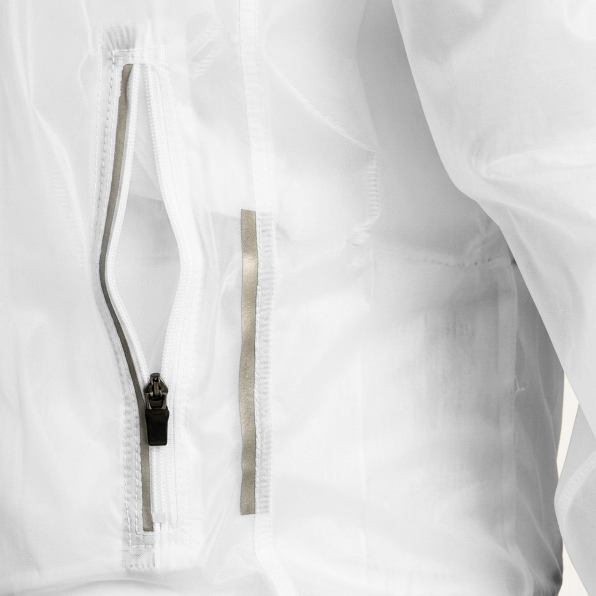 Close-up of a clear rain jacket with a zipper and reflective trims