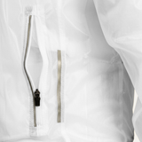 Close-up of a clear rain jacket with a zipper and reflective trims