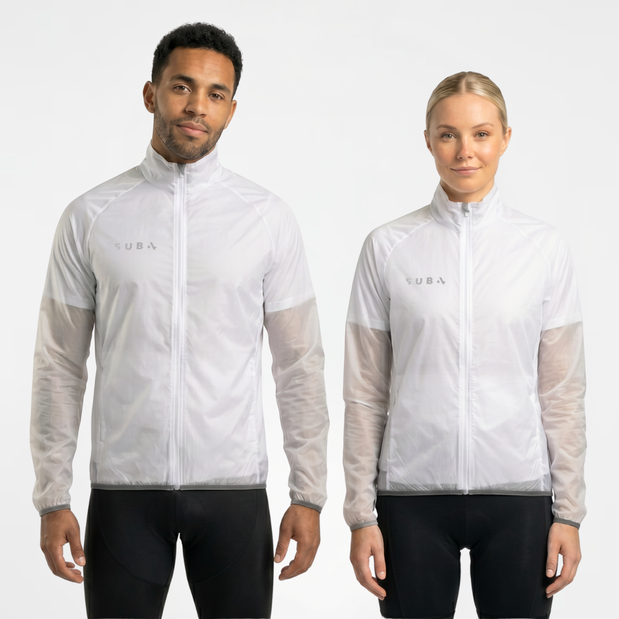 Man and woman wearing unisex translucent white long-sleeve rain jacket with SUB4 brand logo on a light gray background