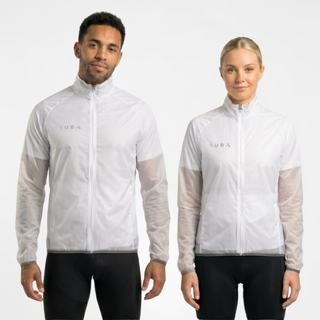 Man and woman wearing unisex translucent white long-sleeve rain jacket with SUB4 brand logo on a light gray background