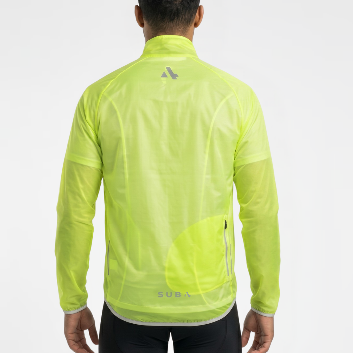 Back view of man wearing fluro-yellow rain jacket