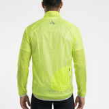 Back view of man wearing fluro-yellow rain jacket