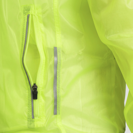 Close-up of a bright yellow raincoat with a zipper and reflective strip on a white background