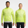 Man and woman wearing fluro-yellow translucent rain jacket