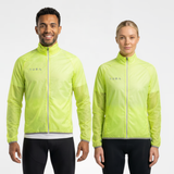 Man and woman wearing fluro-yellow translucent rain jacket