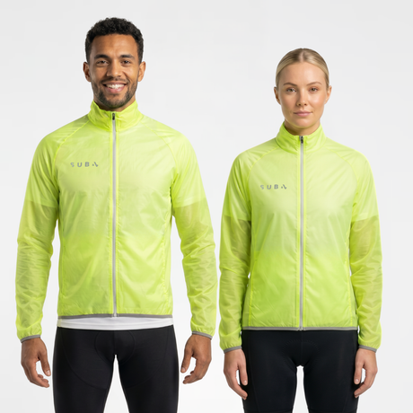 Man and woman wearing fluro-yellow translucent rain jacket