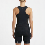 Person wearing a black athletic triathlon top and triathlon shorts on a white background