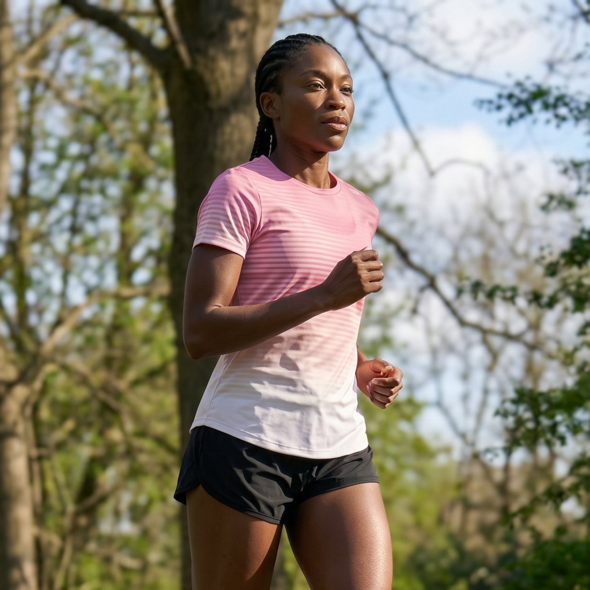 Woman wearing a pink and white gradient running t-shirt and black running shorts running outdoors with trees and blue sky in the background