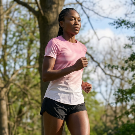 Woman wearing a pink and white gradient running t-shirt and black running shorts running outdoors with trees and blue sky in the background