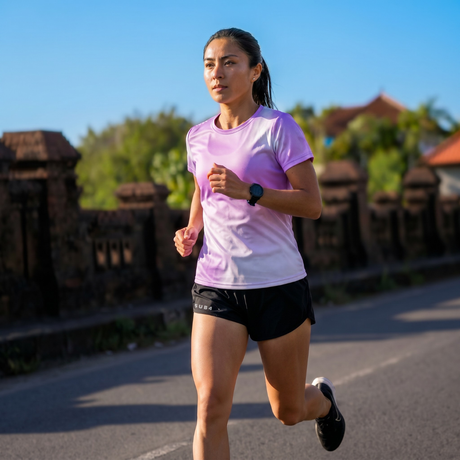 Woman wearing a lilac gradient running t-shirt and black running shorts running outdoors on a road with a scenic background