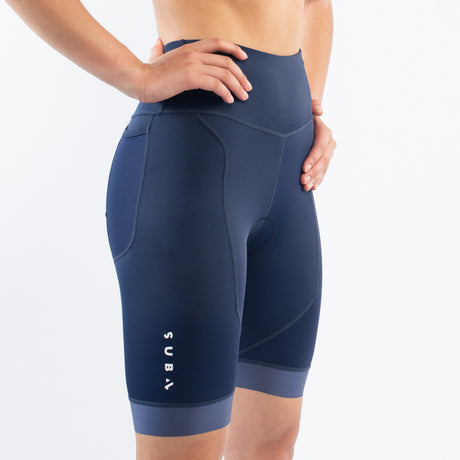 Navy blue athletic triathlon shorts with SUB4 branding worn by a person on a white background