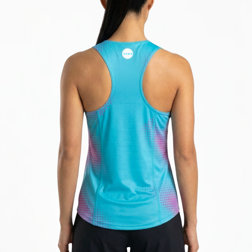 Person wearing a blue athletic tank top with a gradient design on a white background