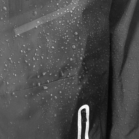 Close-up of a waterproof rain jacket with water droplets on the fabric