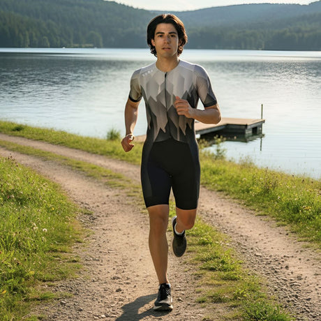 Person running on a path by a lake with mountains in the background