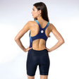 Woman wearing a racerback tri suit on a white background