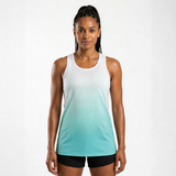 Woman wearing a white and blue dot geometric gradient tank top on a white background