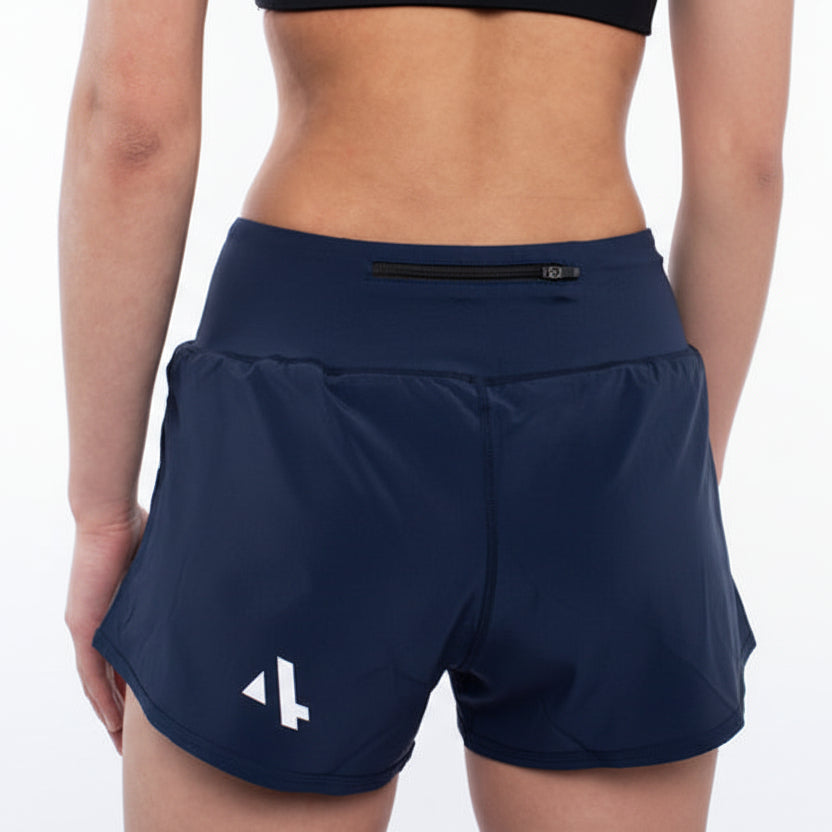 Navy blue athletic running shorts with SUB4 logo on a white background