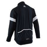 Black jacket with white stripes on sleeves and back, featuring a brand logo, on a white background.