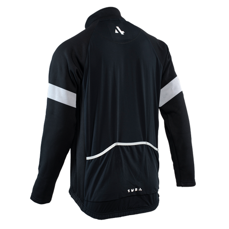 Black jacket with white stripes on sleeves and back, featuring a brand logo, on a white background.