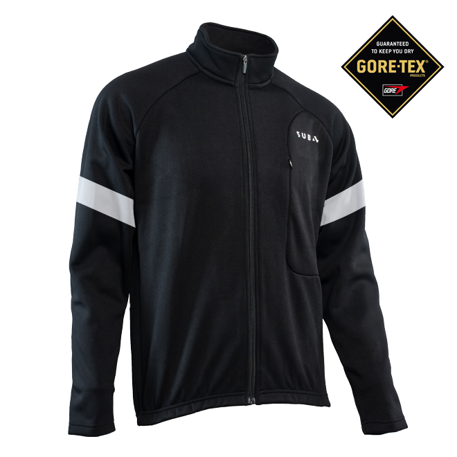 Black jacket with white stripes on sleeves and chest, featuring a GORE-TEX logo.