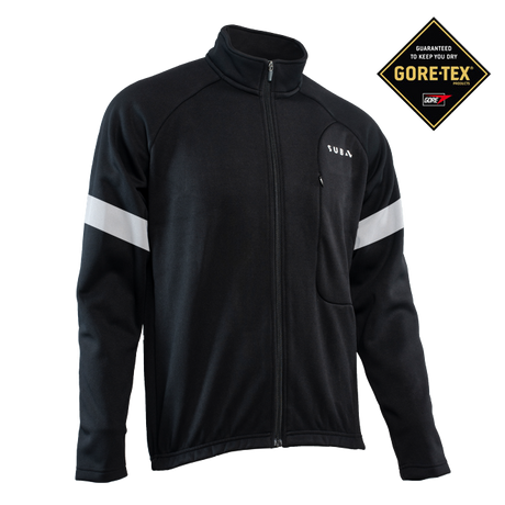 Black jacket with white stripes on sleeves and chest, featuring a GORE-TEX logo.