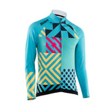 Colorful geometric patterned thermal cycling jacket jersey on a white background