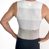 Person wearing a white Tri Suit on a white background