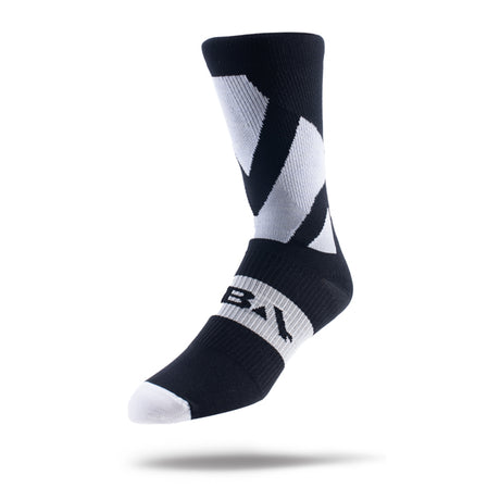 Black and white sock with a geometric pattern on a white background