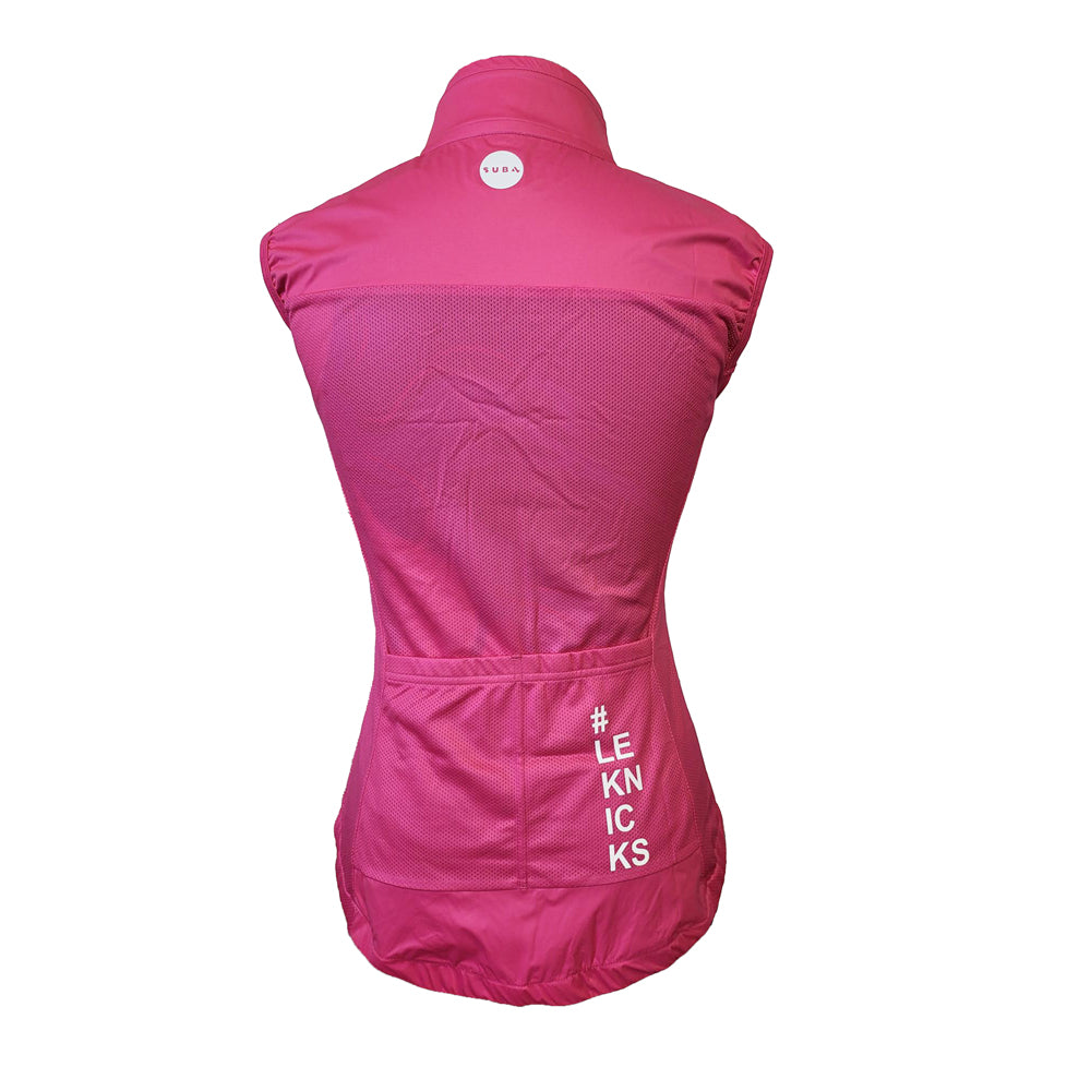 Pink sleeveless jacket with '#LEKNICKS' branding on a white background