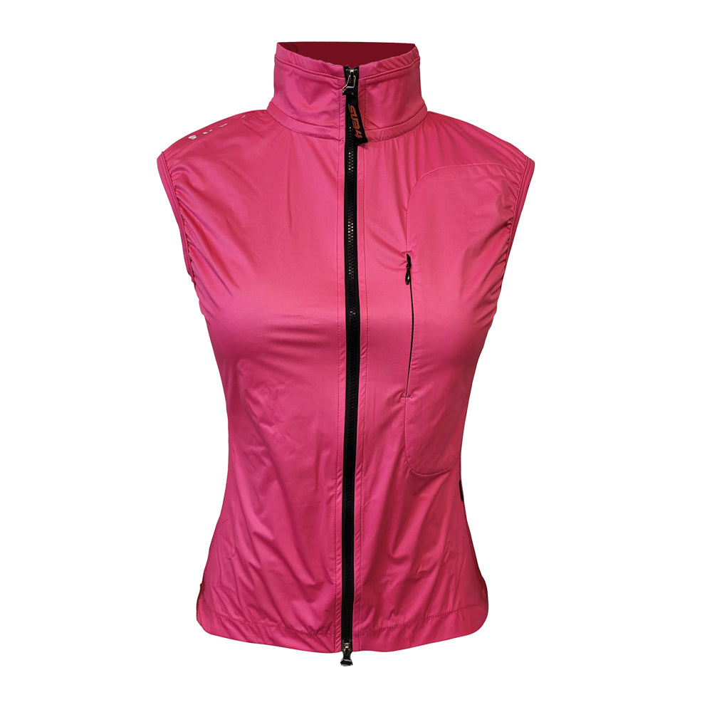 Pink sleeveless jacket with a black zipper on a white background