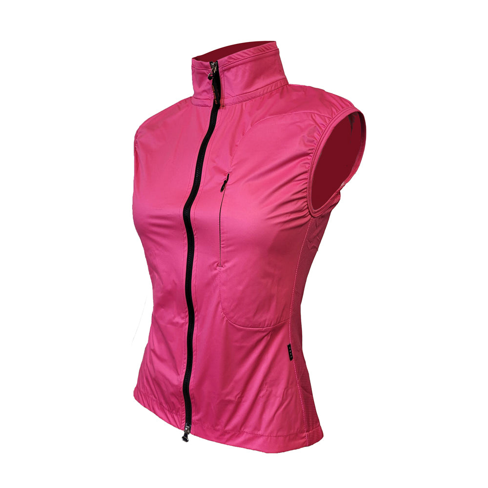 Pink sleeveless jacket with a black zipper on a white background