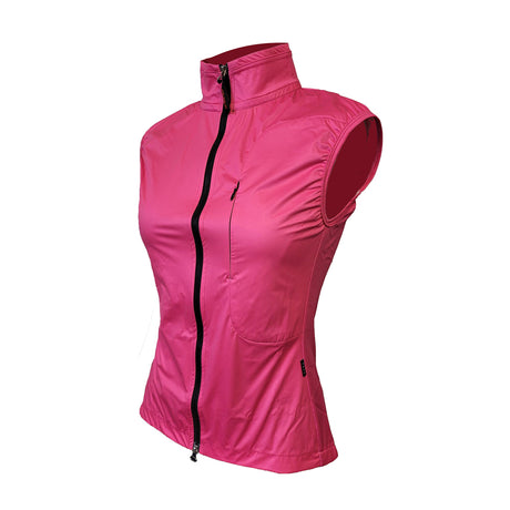 Pink sleeveless jacket with a black zipper on a white background