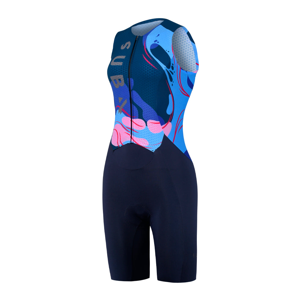 Blue and black Triathlon suit with pink accents on a white background