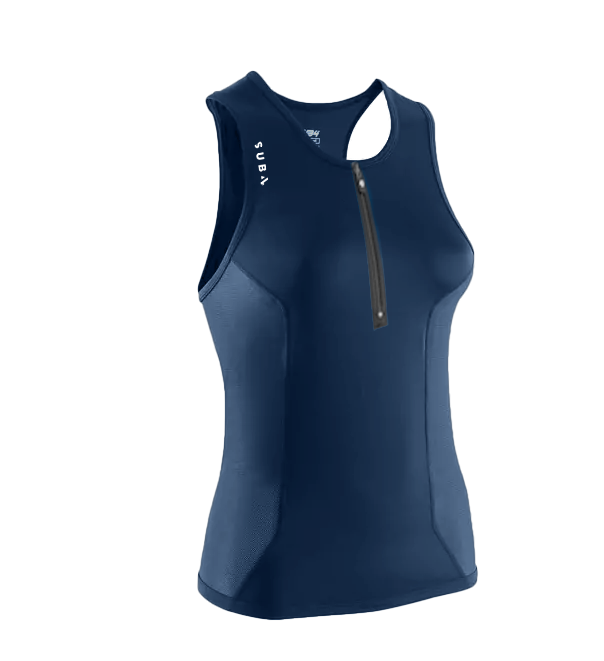 Navy blue sleeveless athletic top with a zipper on a white background