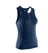 Navy blue sleeveless athletic top with a zipper on a white background
