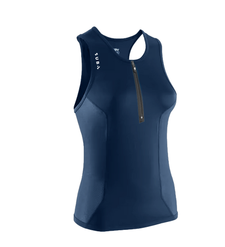 Navy blue sleeveless athletic top with a zipper on a white background