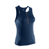 Navy blue sleeveless Triathlon top with a zipper on a white background