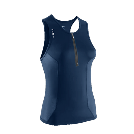 Navy blue sleeveless Triathlon top with a zipper on a white background