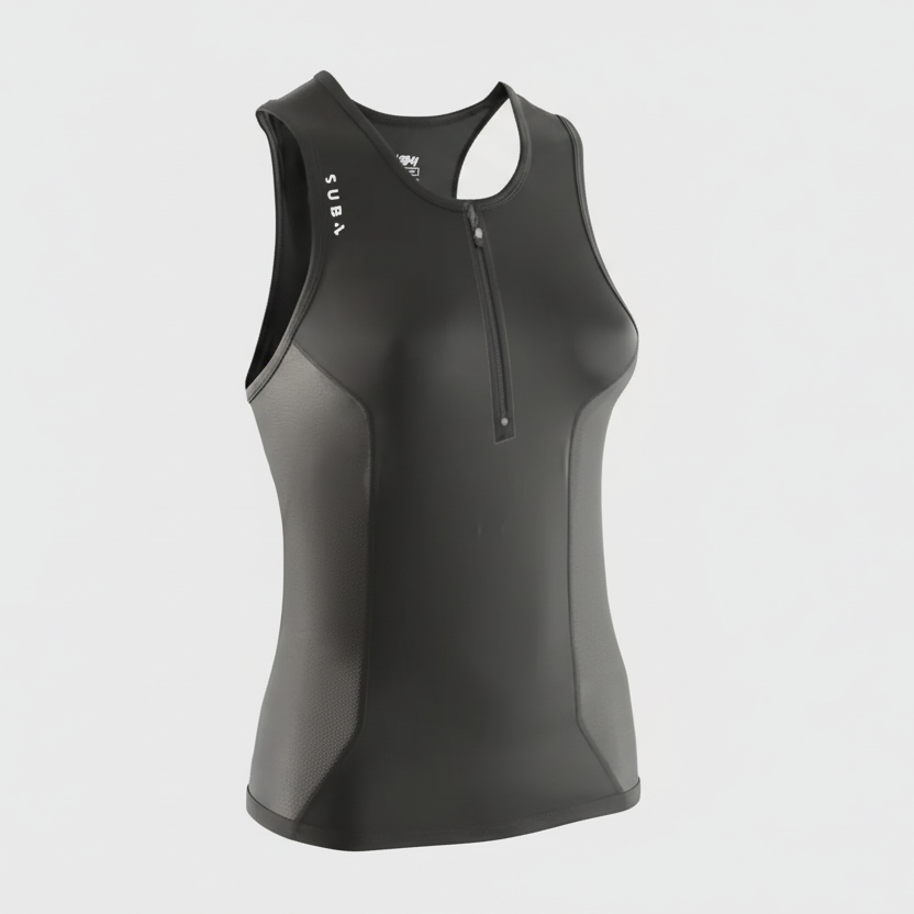 Black sleeveless athletic top with a zipper on a white background