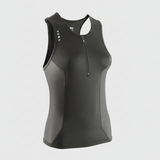 Black sleeveless athletic top with a zipper on a white background