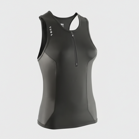 Black sleeveless athletic top with a zipper on a white background