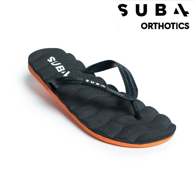 Black sandal with orange sole on a white background, featuring the Sub4 Orthotics logo.