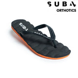 Black sandal with orange sole on a white background, featuring the Sub4 Orthotics logo.