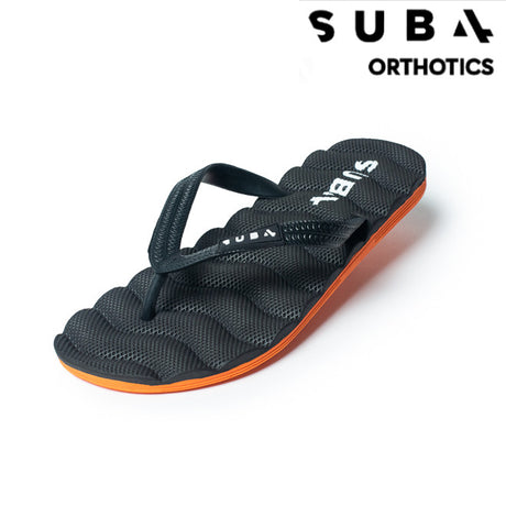 Black sandal with orange sole on a white background, featuring the SUB4 Orthotics logo.