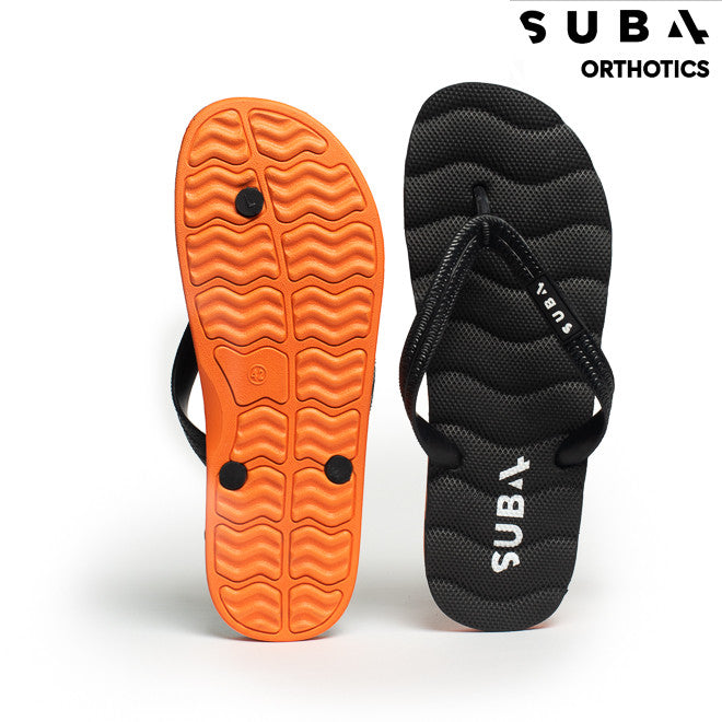 Black and orange sandals with 'Sub4 Orthotics' branding on a white background