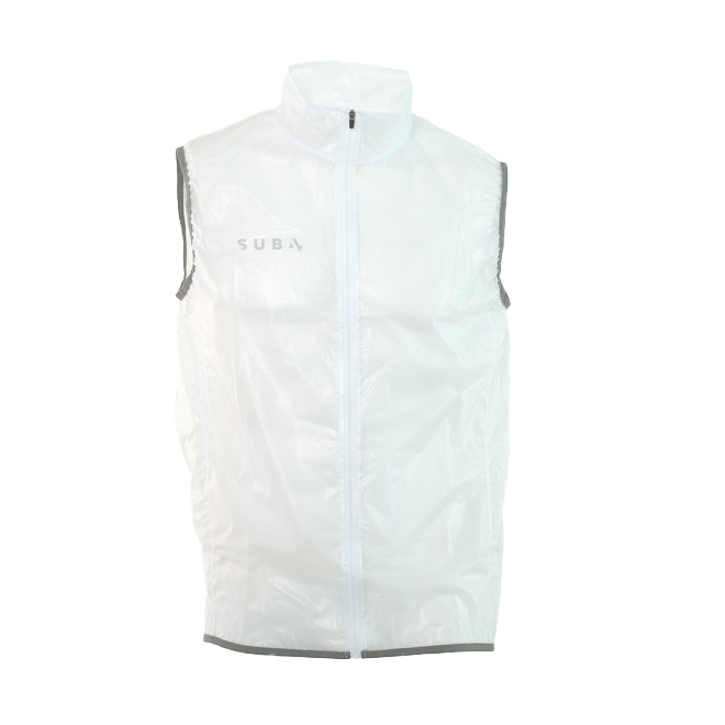 White rain vest with 'SUB4' branding on a white background