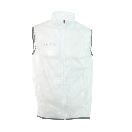 White rain vest with 'SUB4' branding on a white background
