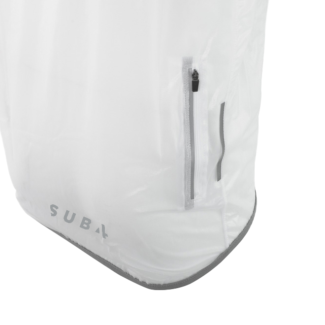 Close-up of a white jacket pocket 'SUB4' branding on a white background