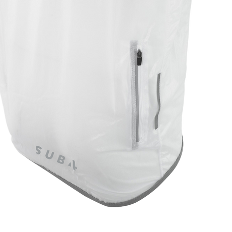 Close-up of a white jacket pocket 'SUB4' branding on a white background