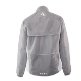 Gray jacket with a brand logo on the back against a white background
